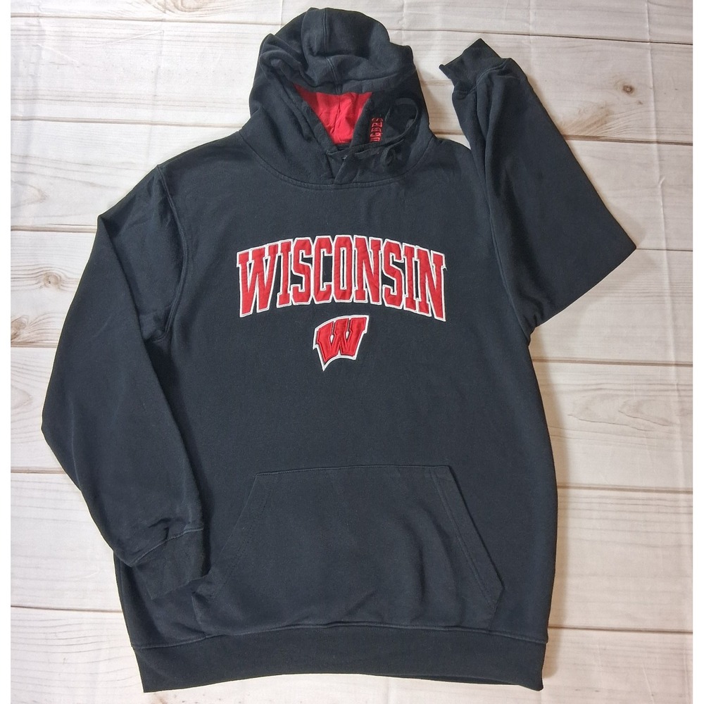 Colosseum Wisconsin Badgers Hoodie Mens L Black Red Pullover Fleece Sweatshirt